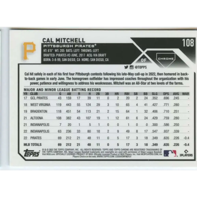 2023 Topps Chrome #108 Cal Mitchell NM-MT RC Rookie Pittsburgh Pirates Baseball Card - Baseball Card Single
