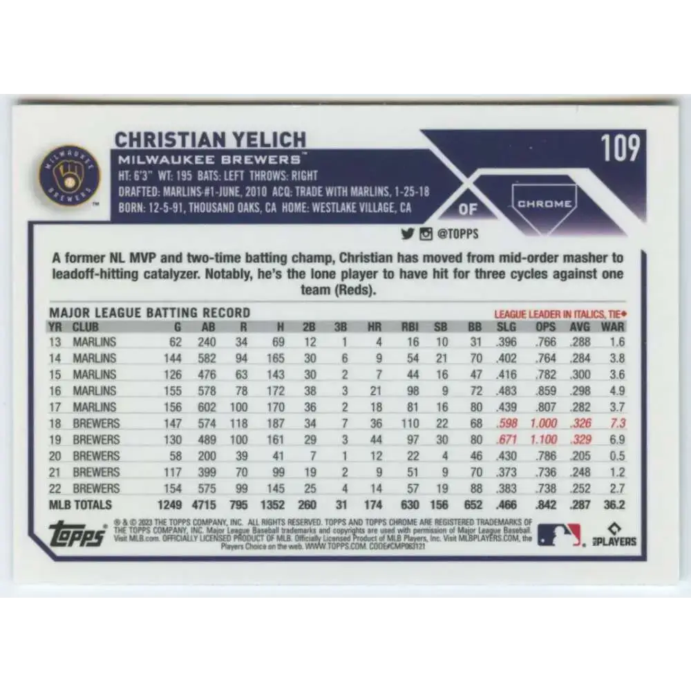 2023 Topps Chrome #109 Christian Yelich NM-MT Milwaukee Brewers Baseball Card - Baseball Card Single