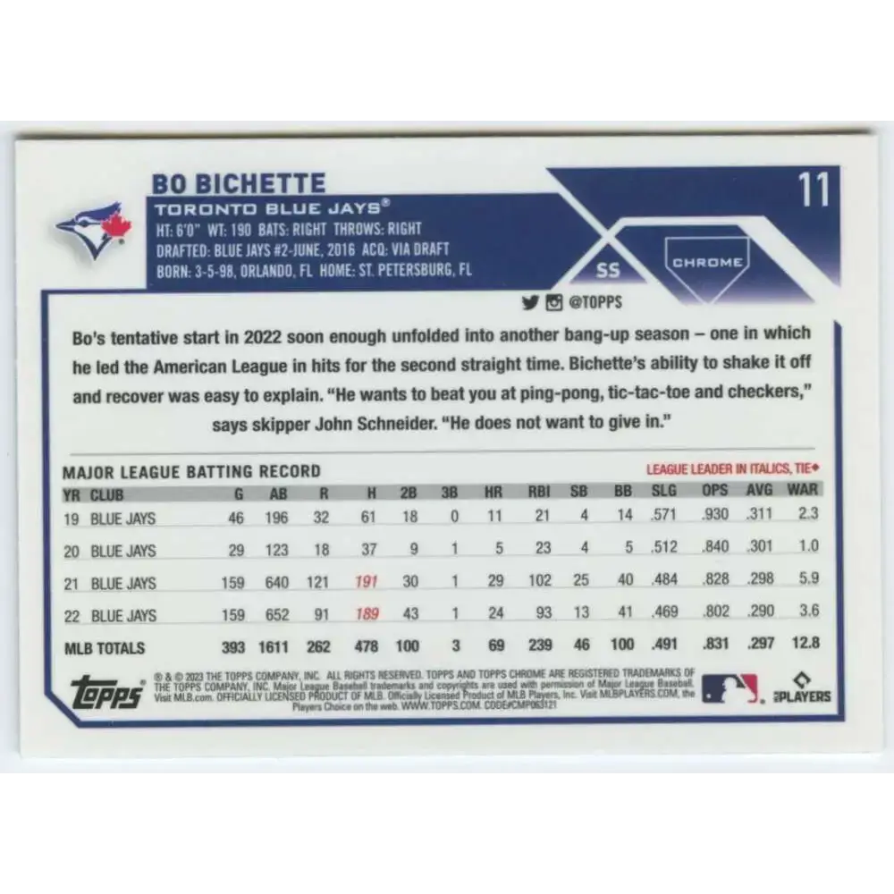 2023 Topps Chrome #11 Bo Bichette NM-MT Toronto Blue Jays Baseball Card - Baseball Card Single