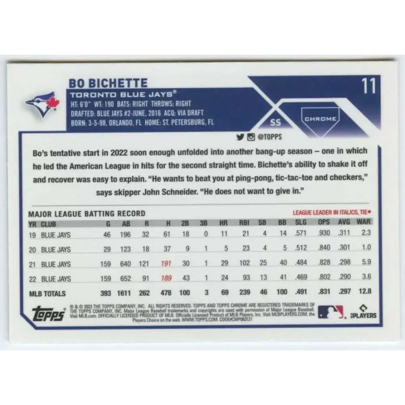 2023 Topps Chrome #11 Bo Bichette NM-MT Toronto Blue Jays Baseball Card - Baseball Card Single