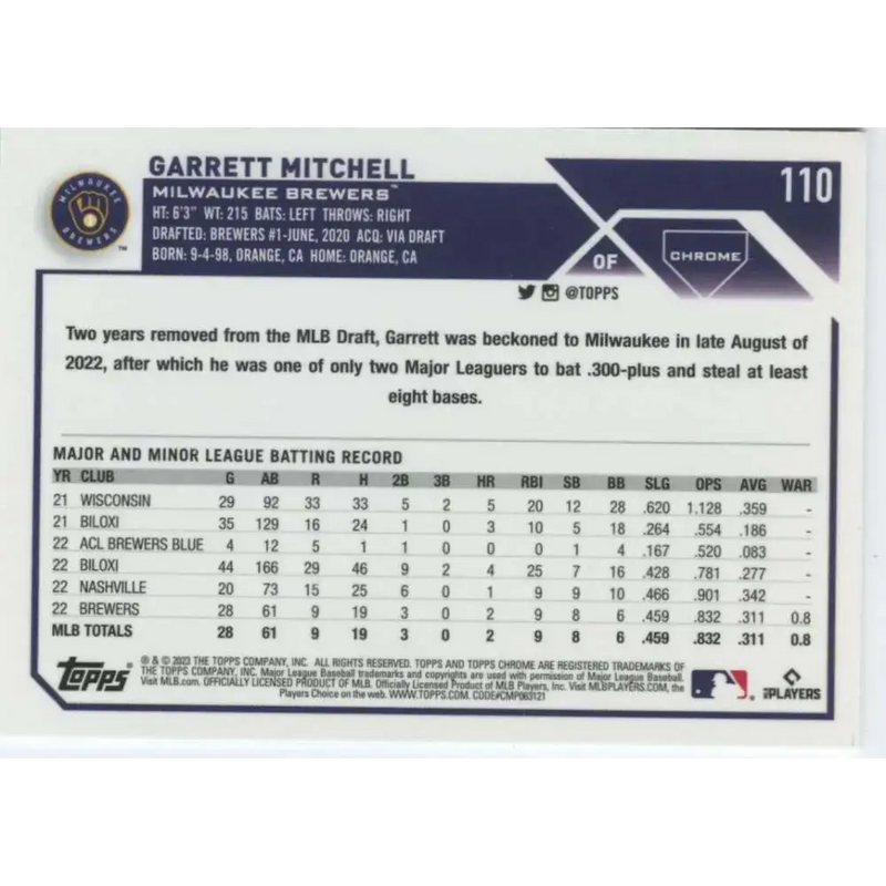 2023 Topps Chrome #110 Garrett Mitchell NM-MT RC Rookie Milwaukee Brewers Baseball Card - Baseball Card Single
