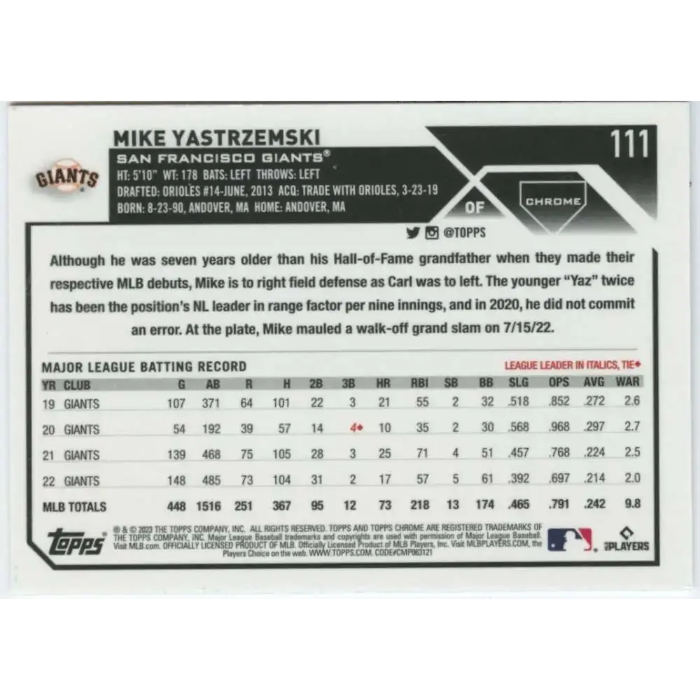 2023 Topps Chrome #111 Mike Yastrzemski NM-MT San Francisco Giants Baseball Card - Baseball Card Single