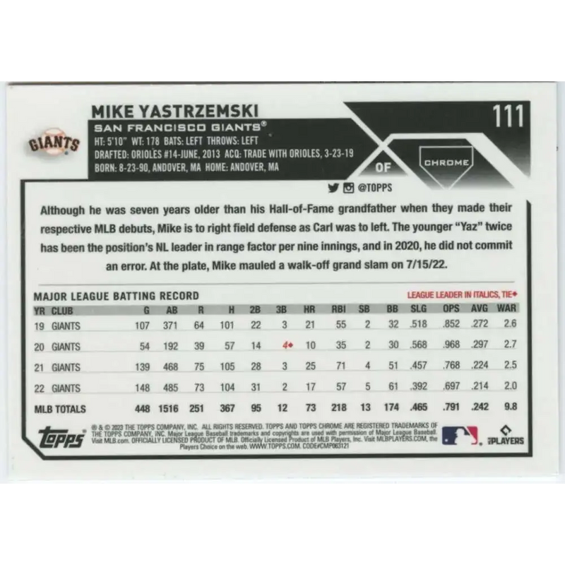 2023 Topps Chrome #111 Mike Yastrzemski NM-MT San Francisco Giants Baseball Card - Baseball Card Single