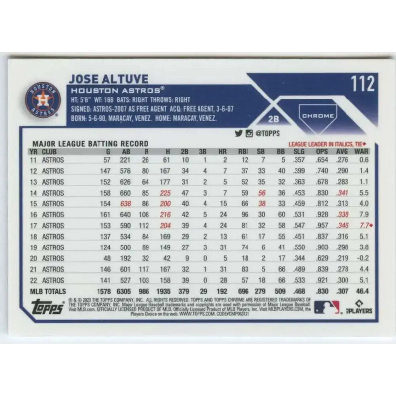 2023 Topps Chrome #112 Jose Altuve NM-MT Houston Astros Baseball Card - Baseball Card Single