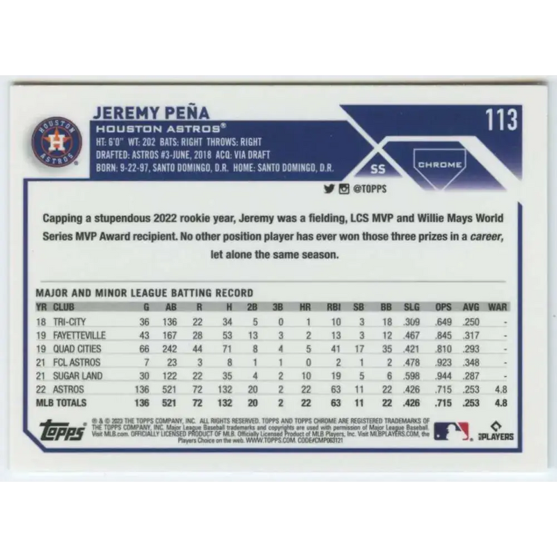 2023 Topps Chrome #113 Jeremy Pena NM-MT Houston Astros Baseball Card - Baseball Card Single