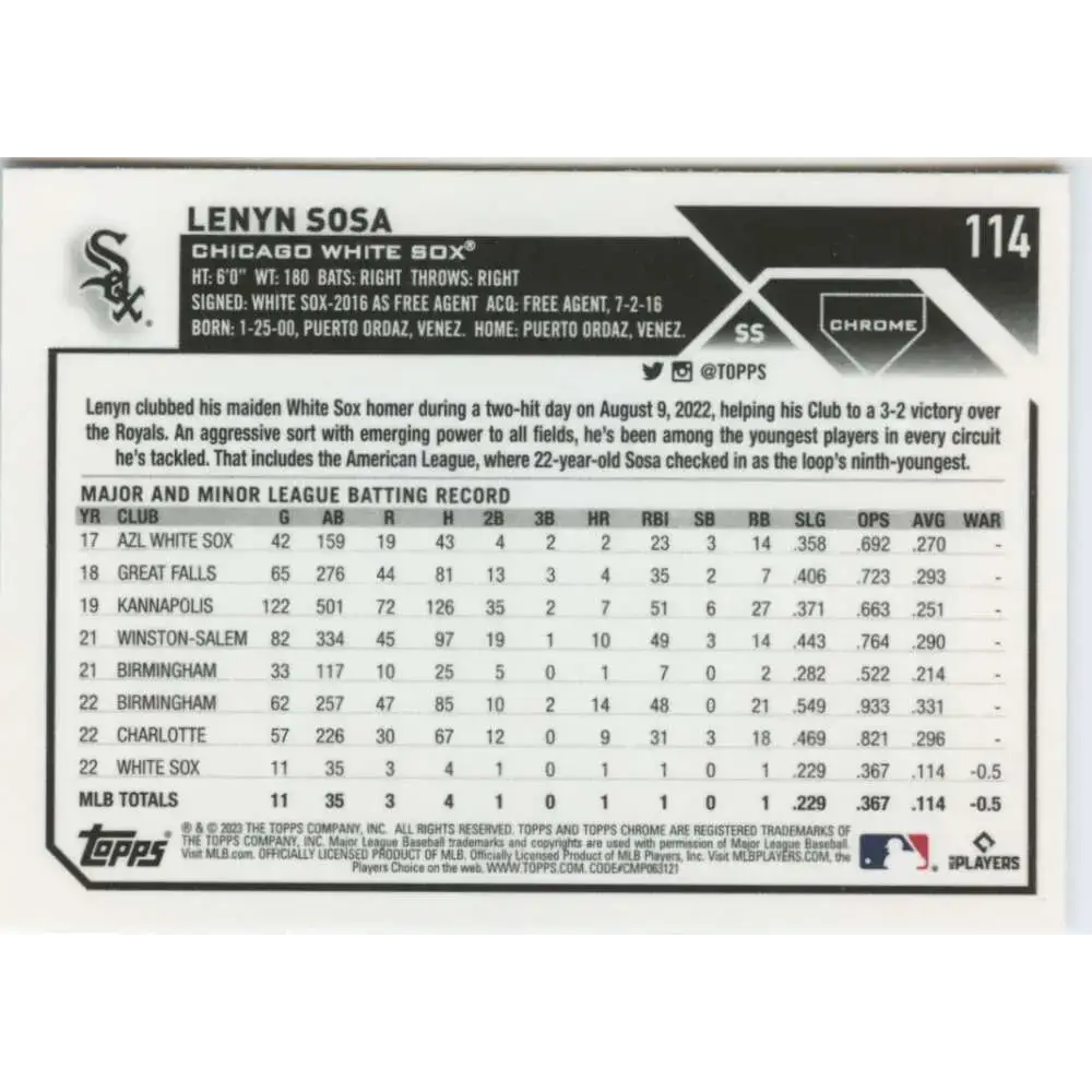 2023 Topps Chrome #114 Lenyn Sosa NM-MT RC Rookie Chicago White Sox Baseball Card - Baseball Card Single