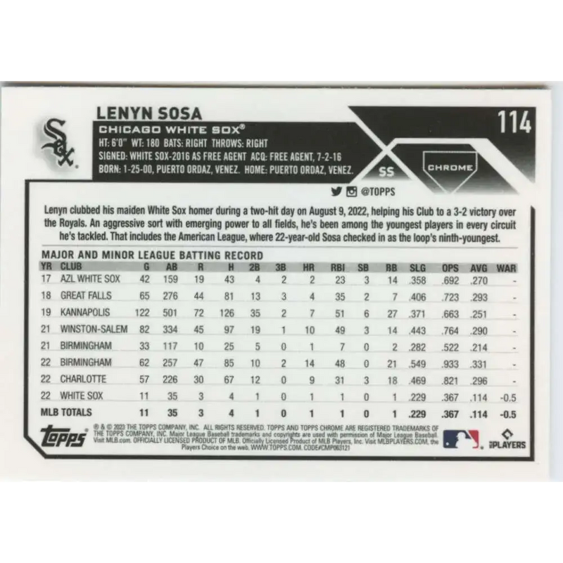 2023 Topps Chrome #114 Lenyn Sosa NM-MT RC Rookie Chicago White Sox Baseball Card - Baseball Card Single
