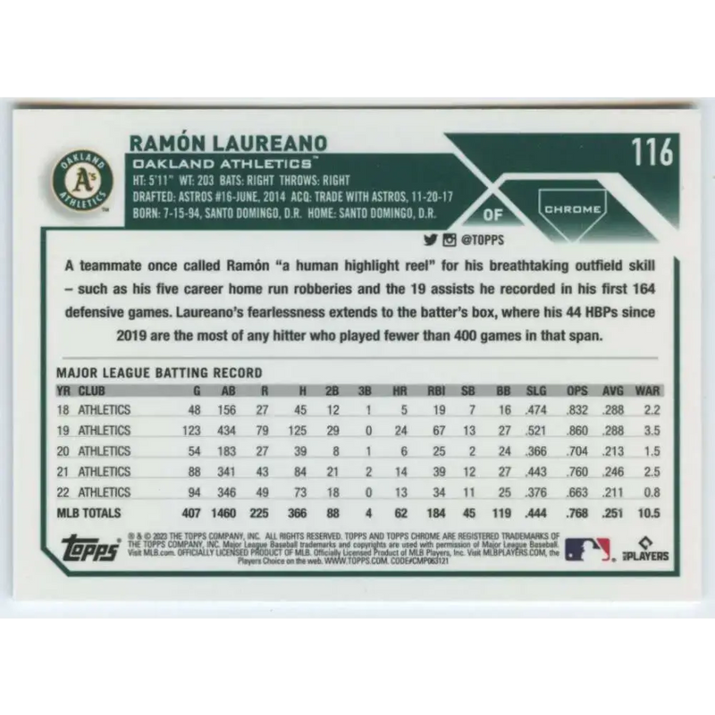 2023 Topps Chrome #116 Ramon Laureano NM-MT Oakland Athletics Baseball Card - Baseball Card Single