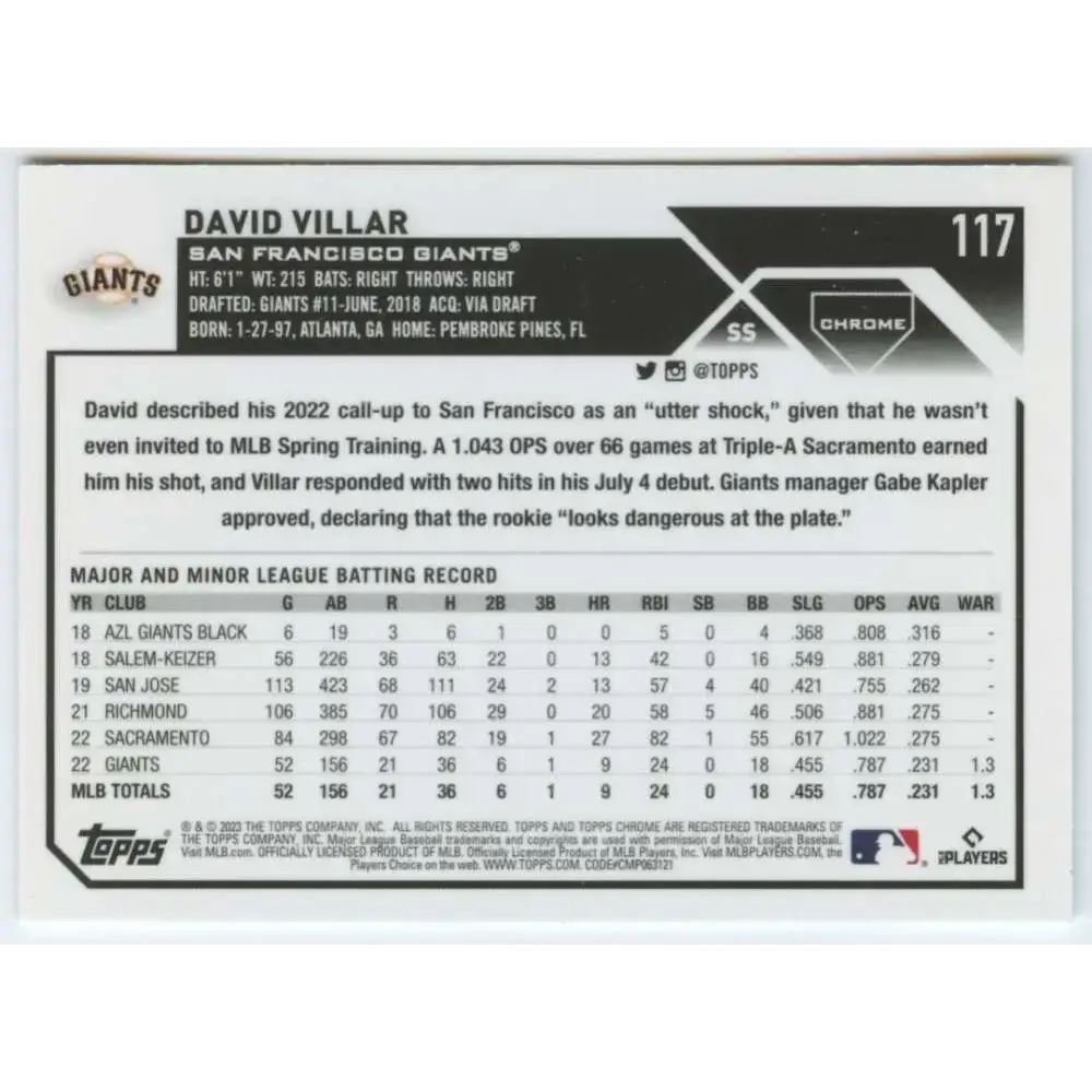 2023 Topps Chrome #117 David Villar NM-MT RC Rookie San Francisco Giants Baseball Card - Baseball Card Single