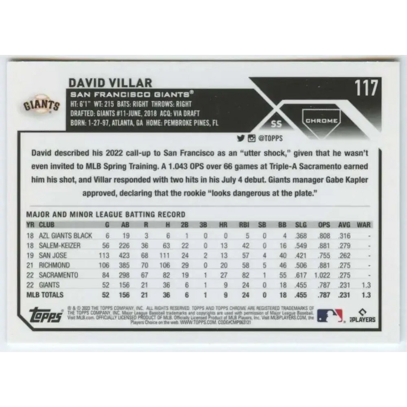 2023 Topps Chrome #117 David Villar NM-MT RC Rookie San Francisco Giants Baseball Card - Baseball Card Single