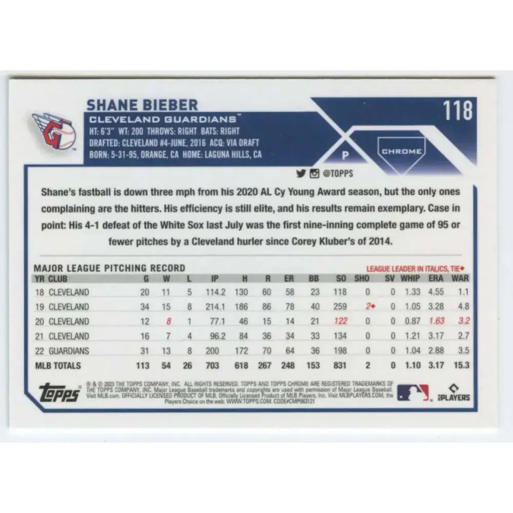 2023 Topps Chrome #118 Shane Bieber NM-MT Cleveland Guardians Baseball Card - Baseball Card Single