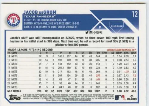 2023 Topps Chrome #12 Jacob deGrom NM-MT Rangers ID:59326 - Baseball Card Single