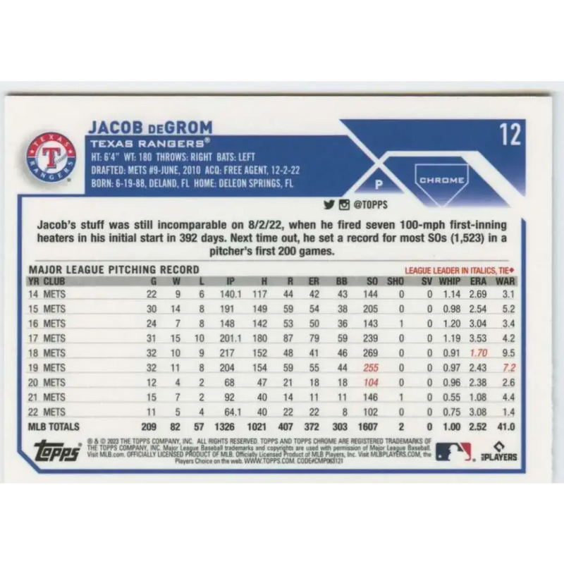 2023 Topps Chrome #12 Jacob deGrom NM-MT Texas Rangers Baseball Card - Baseball Card Single