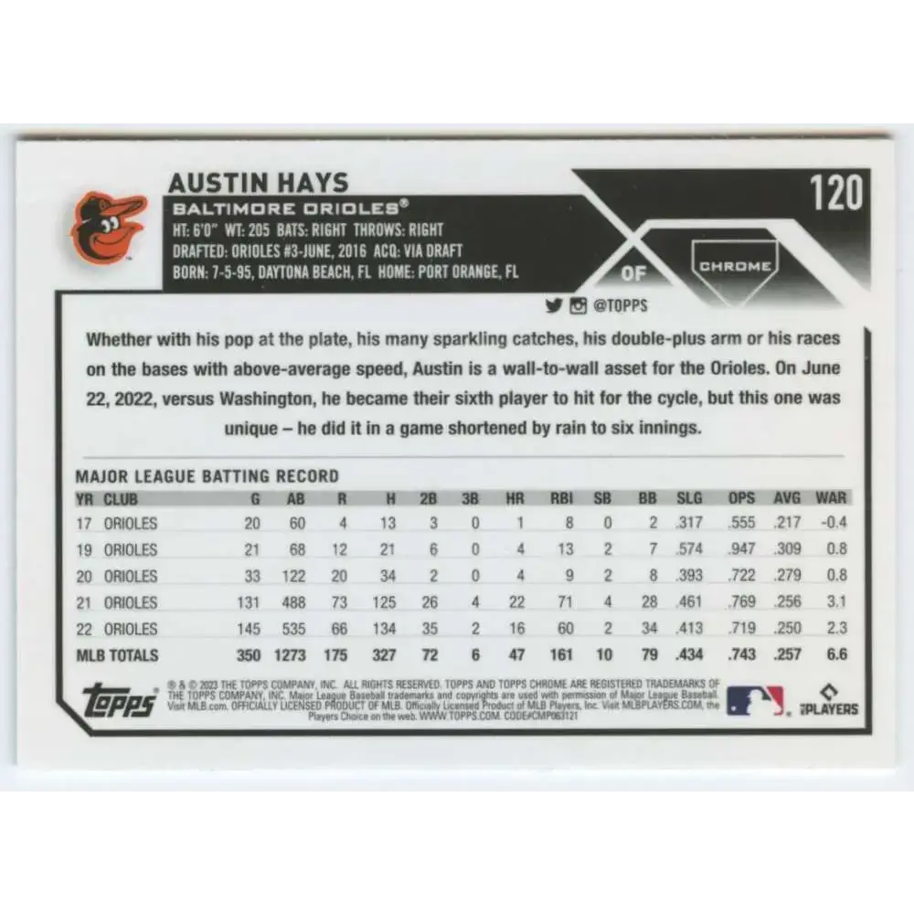 2023 Topps Chrome #120 Austin Hays NM-MT Baltimore Orioles Baseball Card - Baseball Card Single