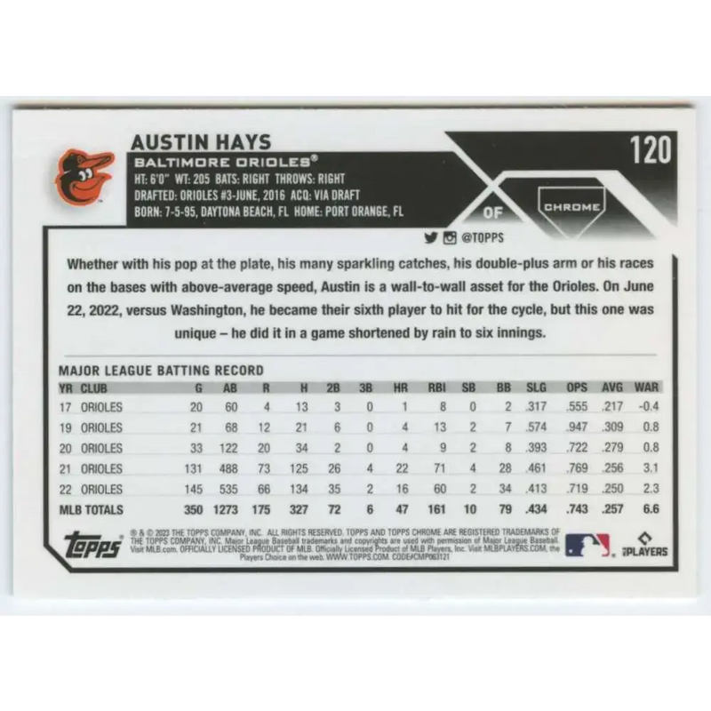 2023 Topps Chrome #120 Austin Hays NM-MT Baltimore Orioles Baseball Card - Baseball Card Single