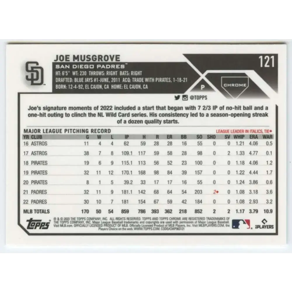 2023 Topps Chrome #121 Joe Musgrove NM-MT San Diego Padres Baseball Card - Baseball Card Single