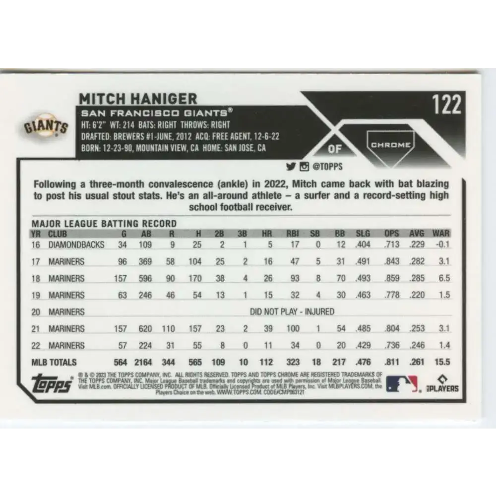 2023 Topps Chrome #122 Mitch Haniger NM-MT San Francisco Giants Baseball Card - Baseball Card Single