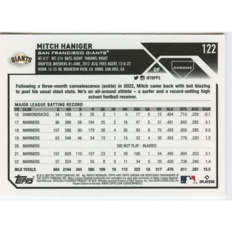2023 Topps Chrome #122 Mitch Haniger NM-MT San Francisco Giants Baseball Card - Baseball Card Single