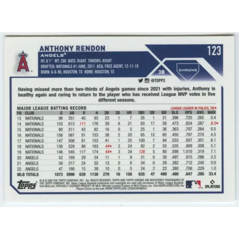 2023 Topps Chrome #123 Anthony Rendon NM-MT Los Angeles Angels Baseball Card - Baseball Card Single