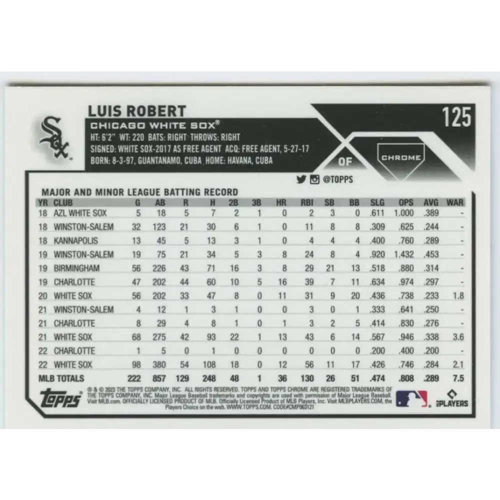 2023 Topps Chrome #125 Luis Robert NM-MT Chicago White Sox Baseball Card - Baseball Card Single