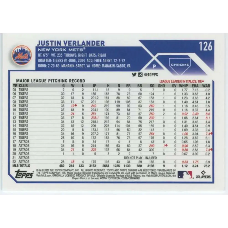 2023 Topps Chrome #126 Justin Verlander NM-MT New York Mets Baseball Card - Baseball Card Single
