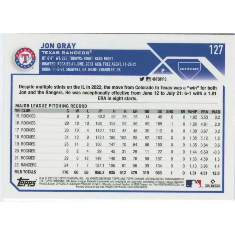 2023 Topps Chrome #127 Jon Gray NM-MT Texas Rangers Baseball Card - Baseball Card Single