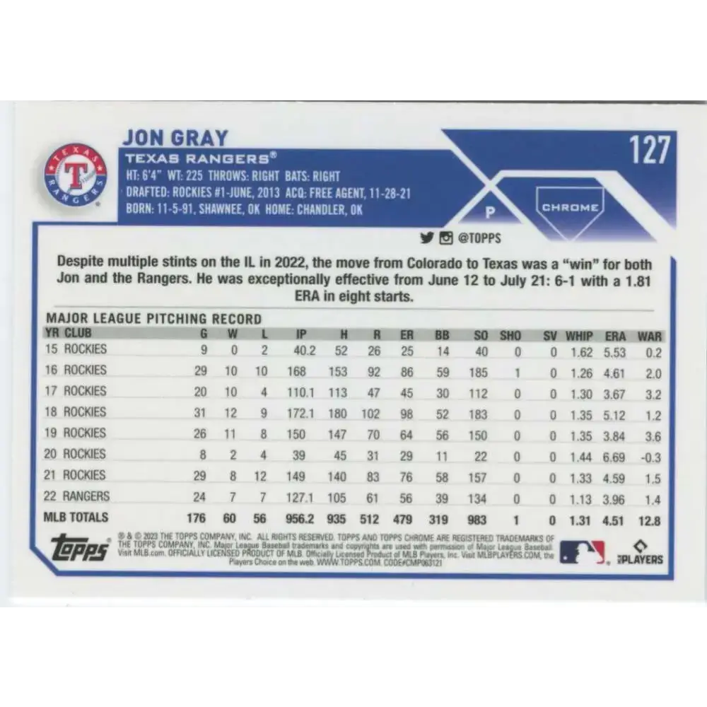 2023 Topps Chrome #127 Jon Gray NM-MT Texas Rangers Baseball Card - Baseball Card Single