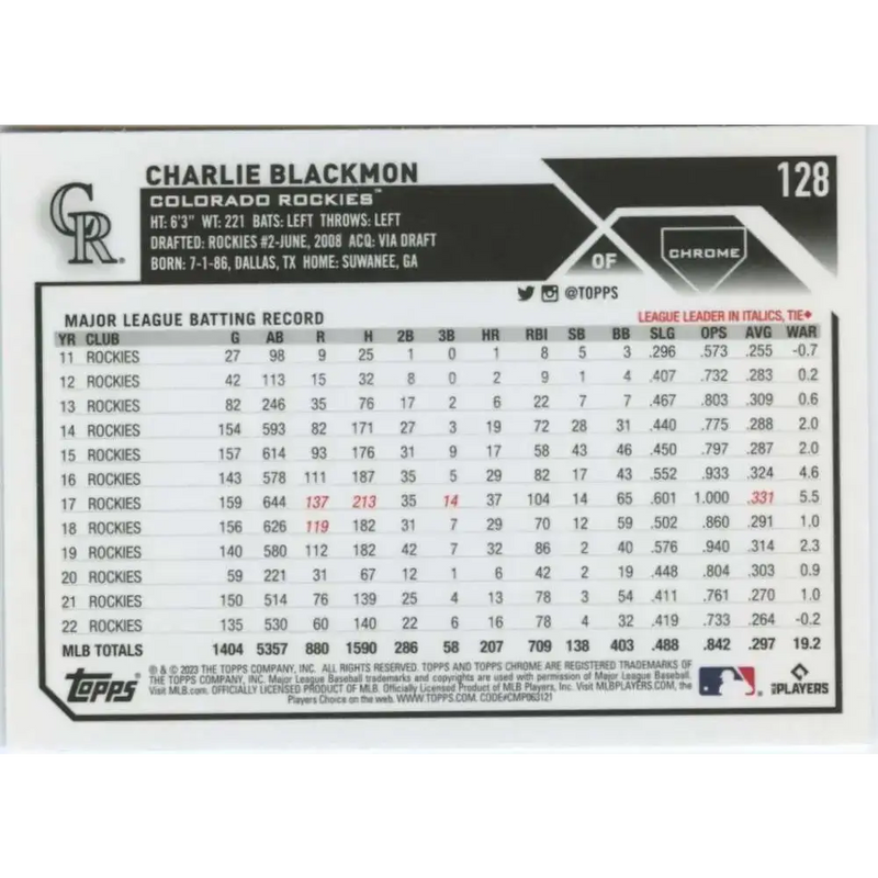2023 Topps Chrome #128 Charlie Blackmon NM-MT Colorado Rockies Baseball Card - Baseball Card Single