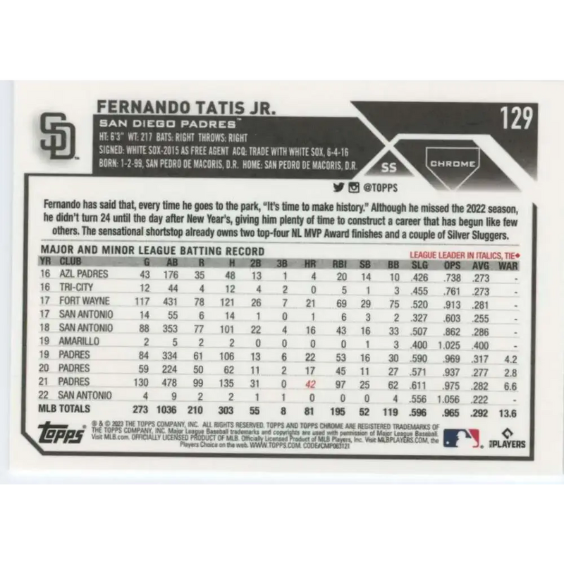 2023 Topps Chrome #129 Fernando Tatis Jr. NM-MT San Diego Padres Baseball Card - Baseball Card Single