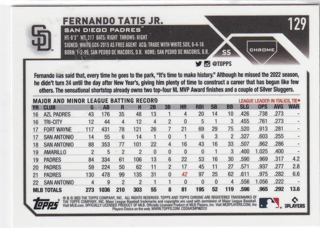 2023 TOPPS CHROME #129 FERNANDO TATIS JR- SAN DIEGO PADRES - Baseball Card Single