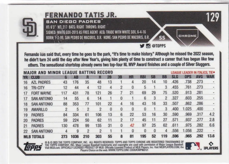 2023 TOPPS CHROME #129 FERNANDO TATIS JR- SAN DIEGO PADRES - Baseball Card Single