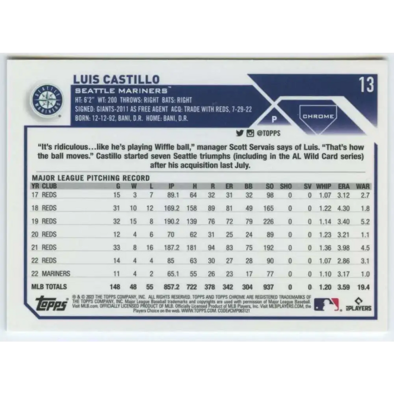 2023 Topps Chrome #13 Luis Castillo NM-MT Seattle Mariners Baseball Card - Baseball Card Single