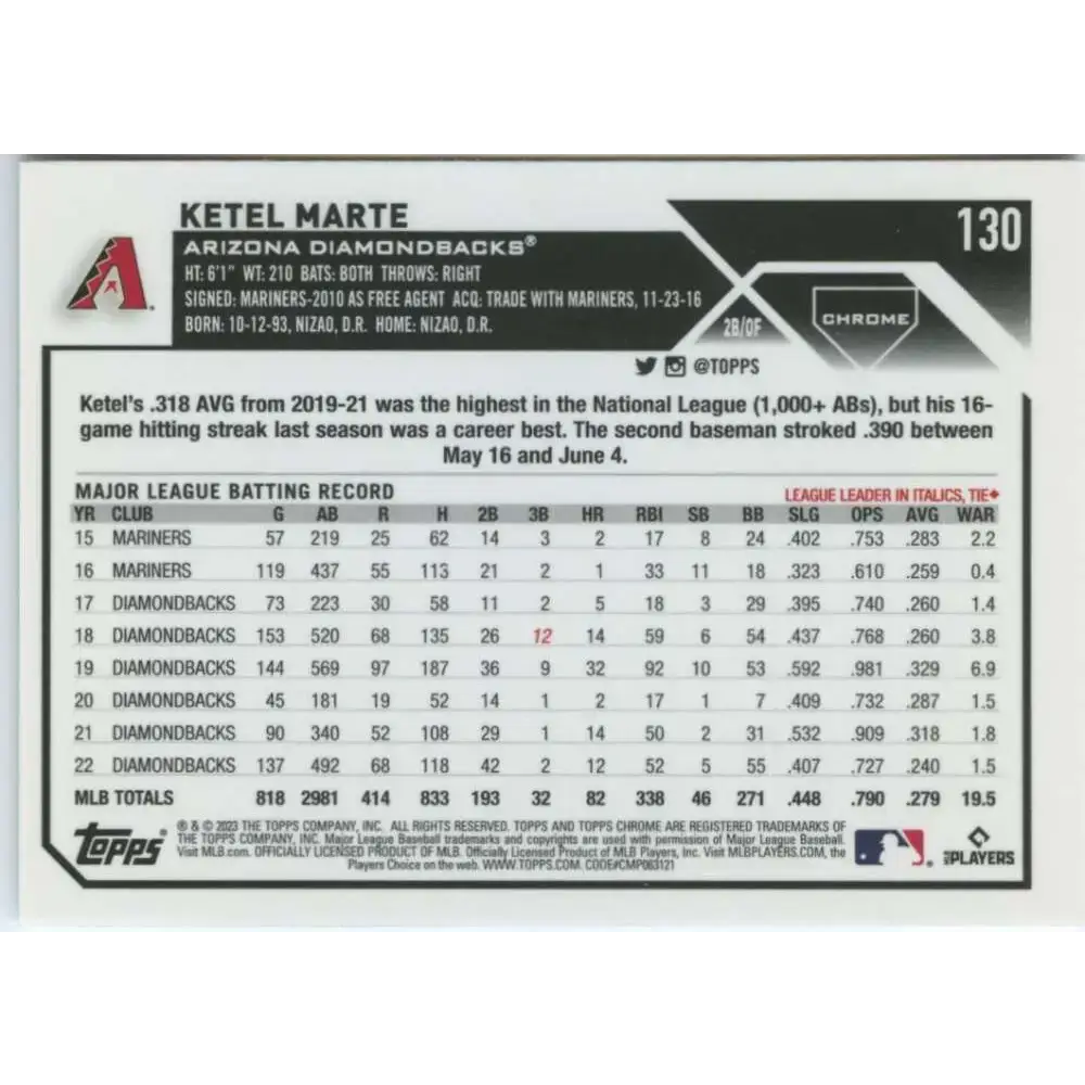 2023 Topps Chrome #130 Ketel Marte NM-MT Arizona Diamondbacks Baseball Card - Baseball Card Single