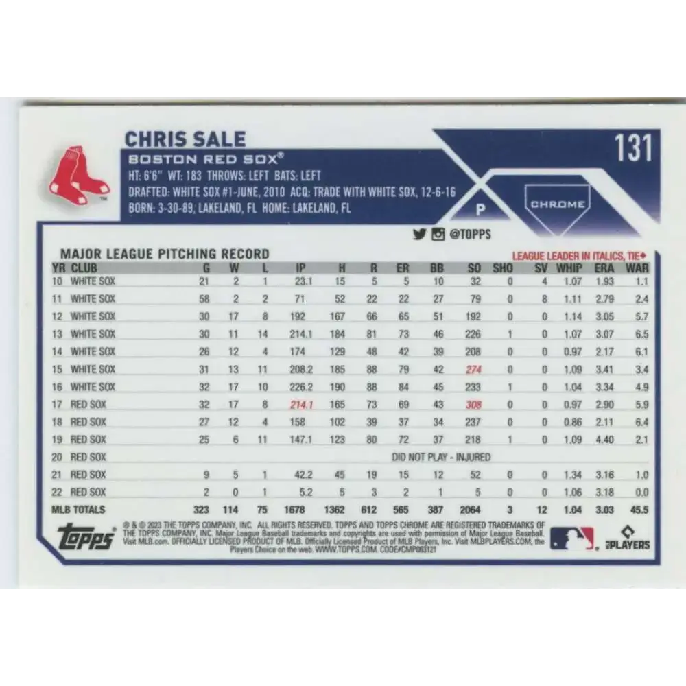 2023 Topps Chrome #131 Chris Sale NM-MT Boston Red Sox Baseball Card - Baseball Card Single