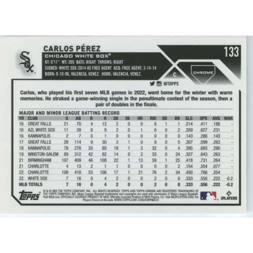 2023 Topps Chrome #133 Carlos Perez NM-MT RC Rookie Chicago White Sox Baseball Card - Baseball Card Single