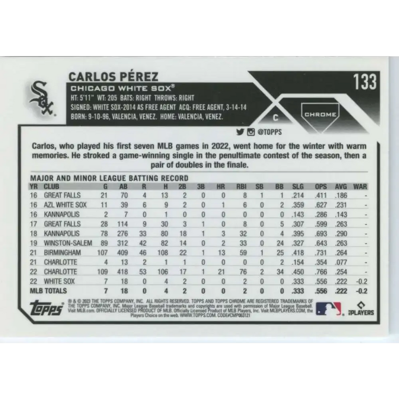 2023 Topps Chrome #133 Carlos Perez NM-MT RC Rookie Chicago White Sox Baseball Card - Baseball Card Single