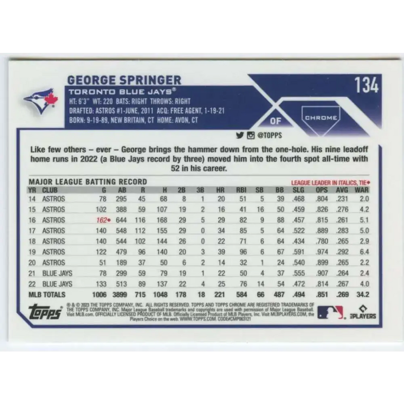 2023 Topps Chrome #134 George Springer NM-MT Toronto Blue Jays Baseball Card - Baseball Card Single