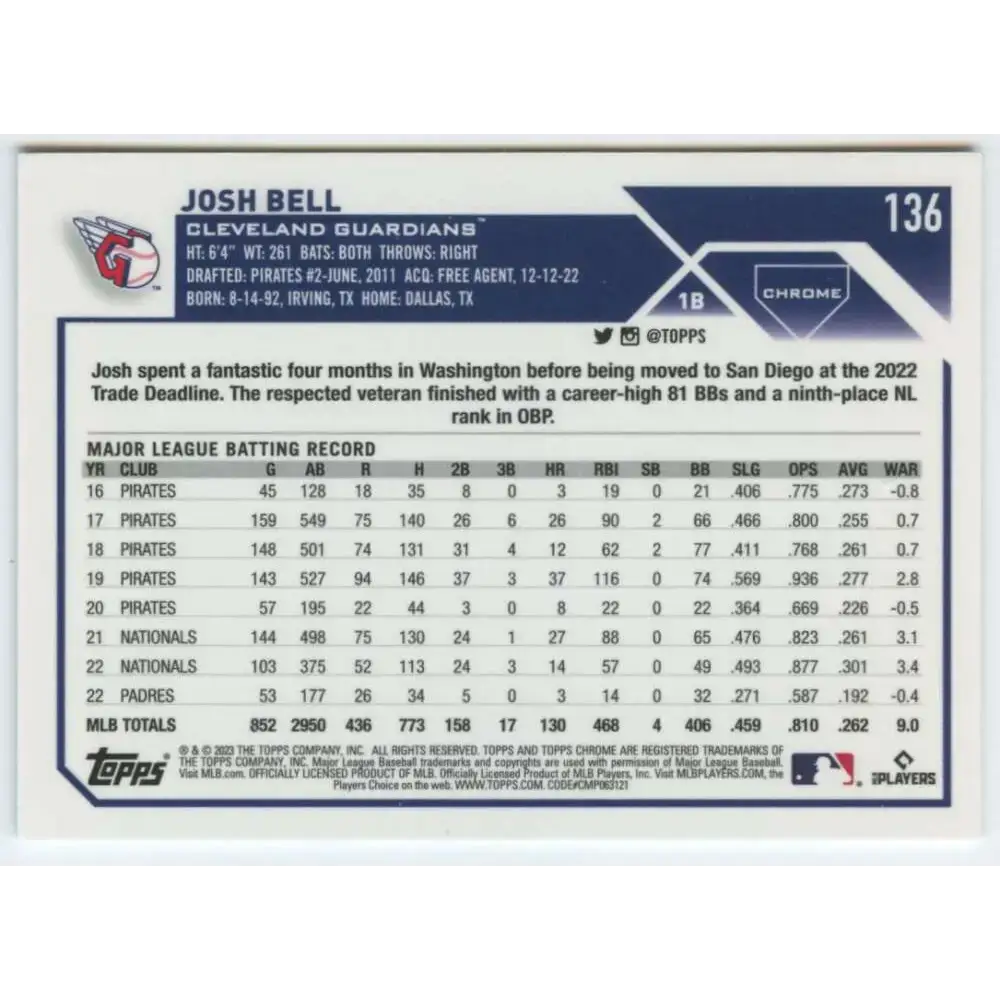 2023 Topps Chrome #136 Josh Bell NM-MT Cleveland Guardians Baseball Card - Baseball Card Single