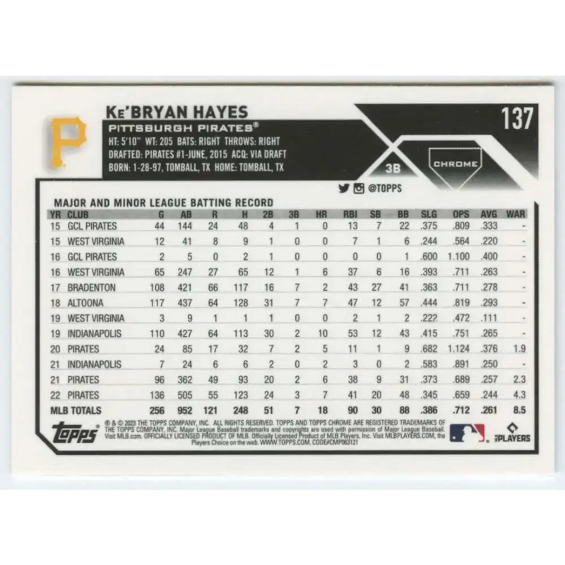 2023 Topps Chrome #137 Ke’Bryan Hayes NM-MT Pittsburgh Pirates Baseball Card - Baseball Card Single