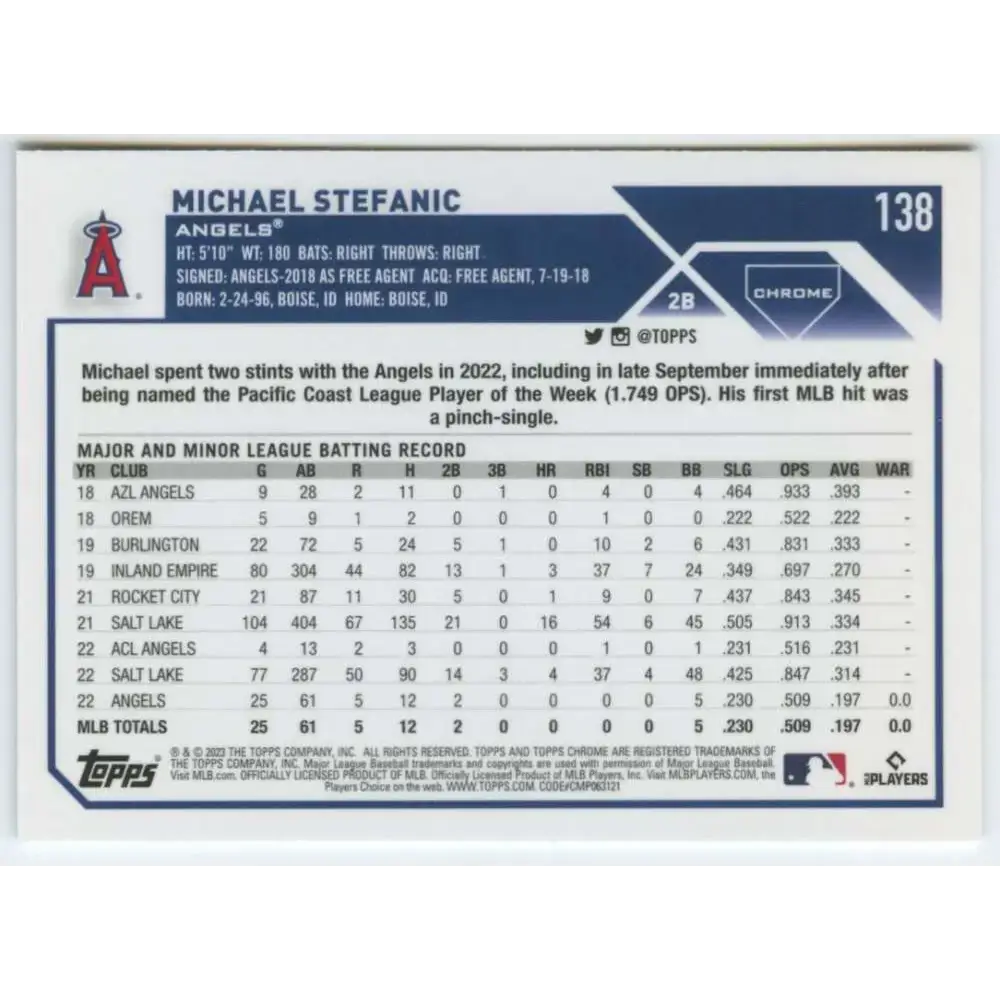 2023 Topps Chrome #138 Michael Stefanic NM-MT RC Rookie Los Angeles Angels Baseball Card - Baseball Card Single
