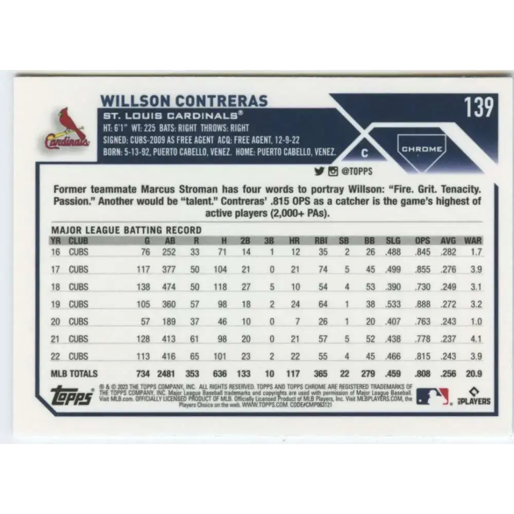 2023 Topps Chrome #139 Willson Contreras NM-MT St. Louis Cardinals Baseball Card - Baseball Card Single