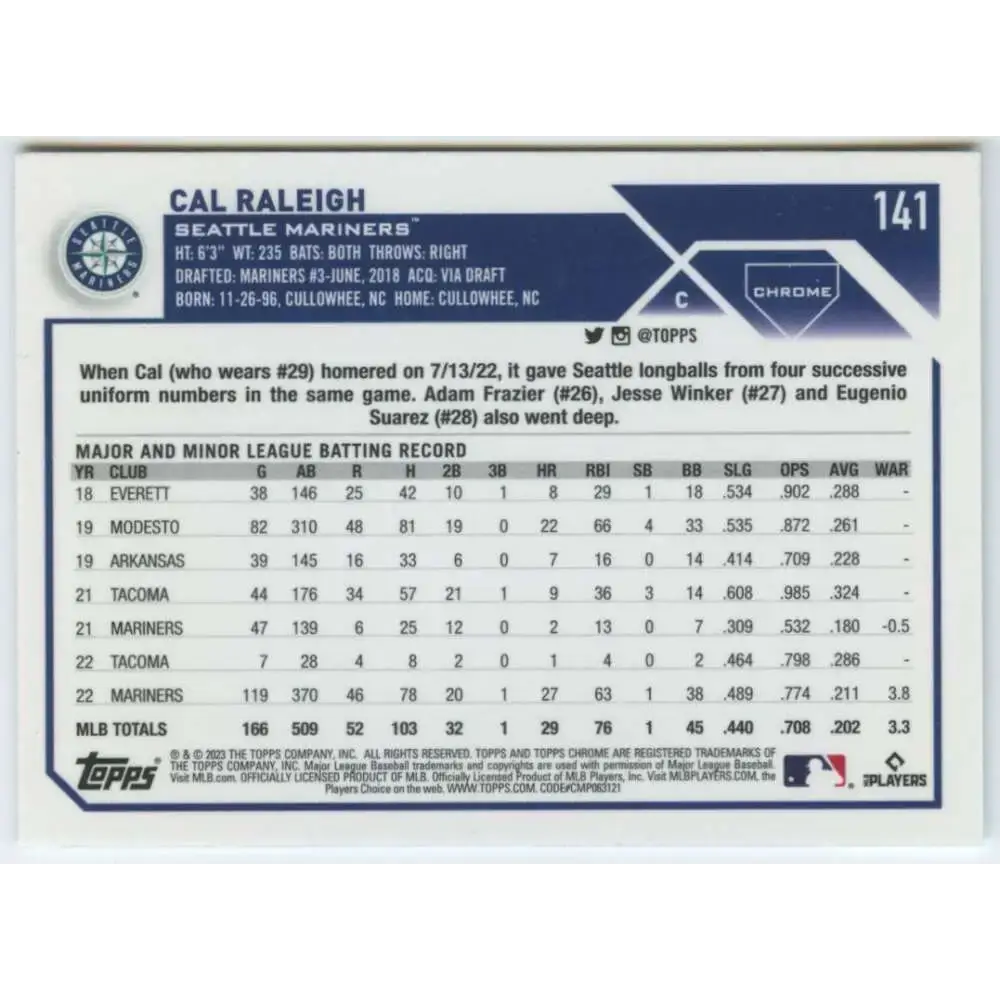 2023 Topps Chrome #141 Cal Raleigh NM-MT Seattle Mariners Baseball Card - Baseball Card Single