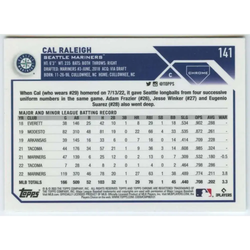 2023 Topps Chrome #141 Cal Raleigh NM-MT Seattle Mariners Baseball Card - Baseball Card Single