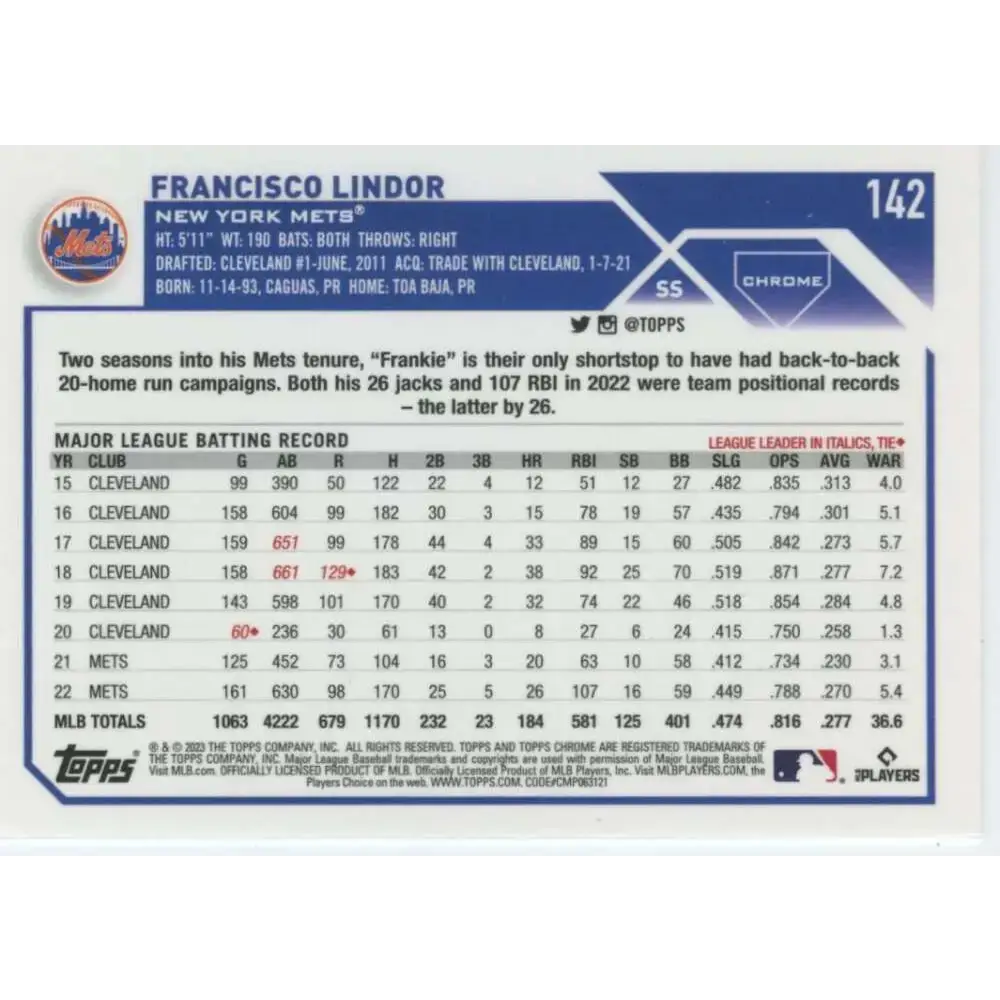 2023 Topps Chrome #142 Francisco Lindor NM-MT New York Mets Baseball Card - Baseball Card Single