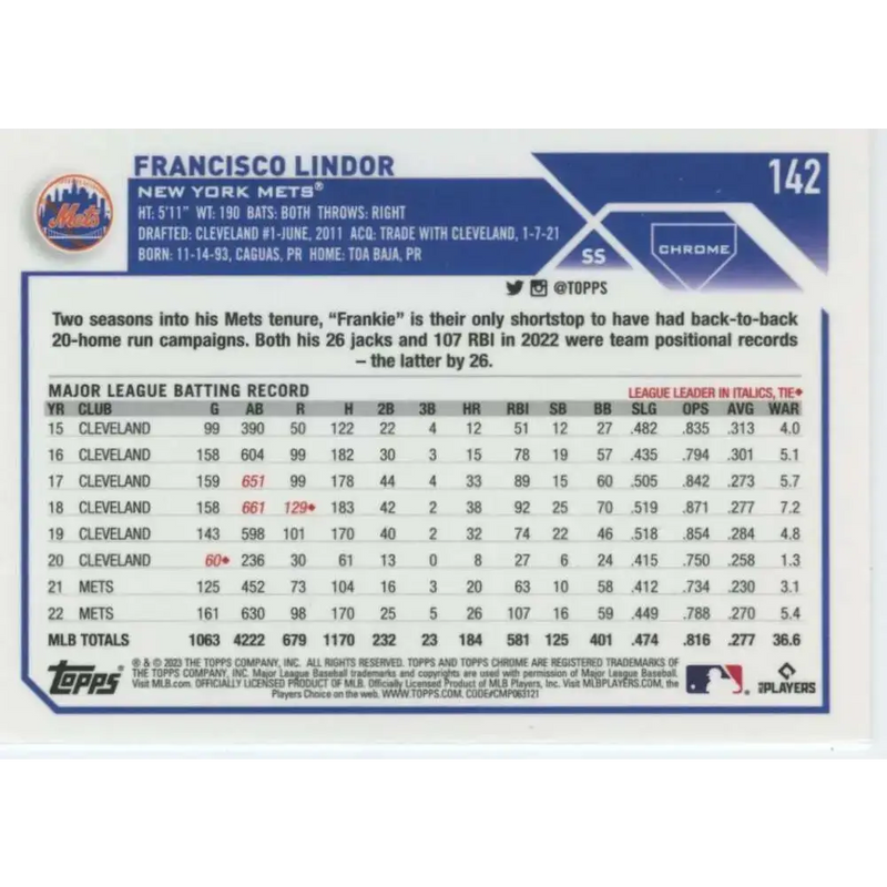 2023 Topps Chrome #142 Francisco Lindor NM-MT New York Mets Baseball Card - Baseball Card Single
