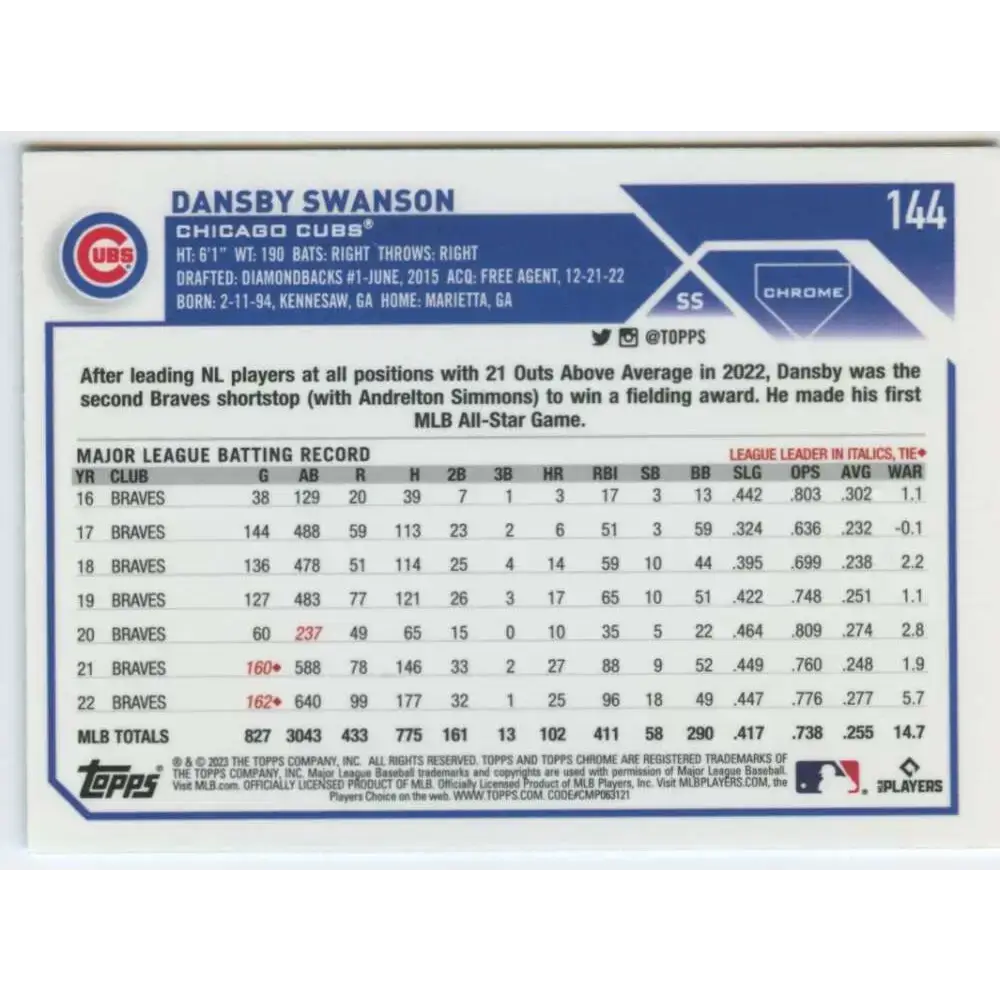 2023 Topps Chrome #144 Dansby Swanson NM-MT Chicago Cubs Baseball Card - Baseball Card Single