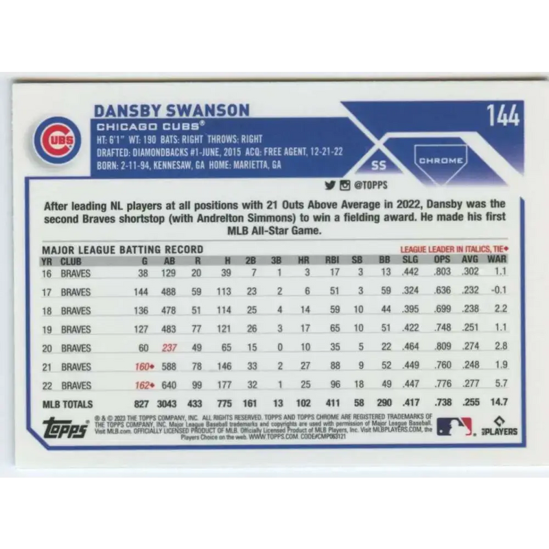 2023 Topps Chrome #144 Dansby Swanson NM-MT Chicago Cubs Baseball Card - Baseball Card Single