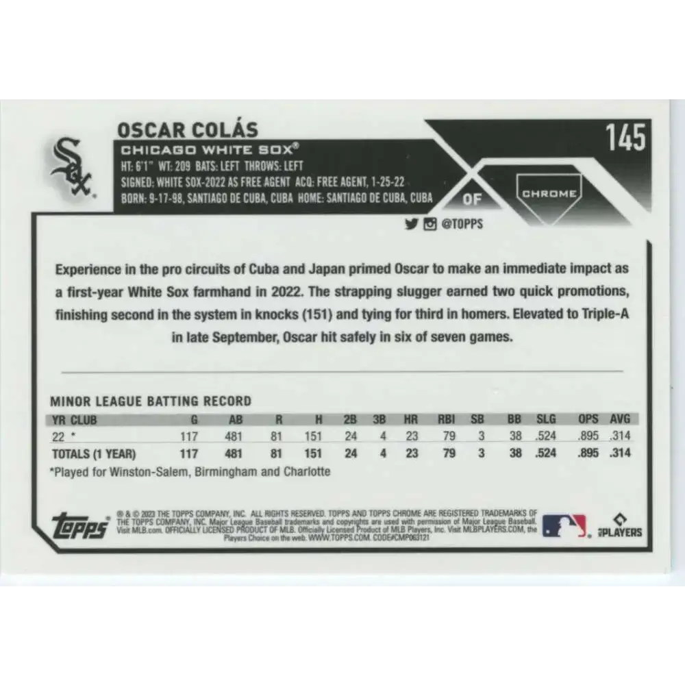 2023 Topps Chrome #145 Oscar Colas NM-MT RC Rookie Chicago White Sox Baseball Card - Baseball Card Single