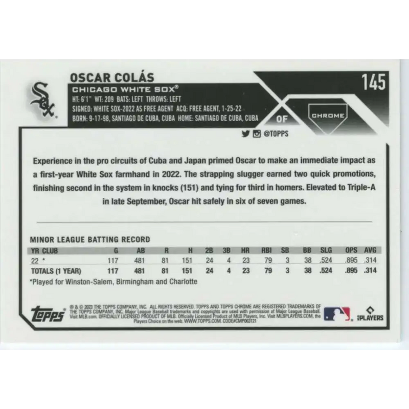 2023 Topps Chrome #145 Oscar Colas NM-MT RC Rookie Chicago White Sox Baseball Card - Baseball Card Single