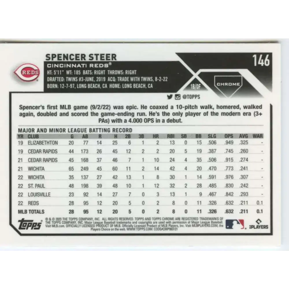 2023 Topps Chrome #146 Spencer Steer NM-MT RC Rookie Cincinnati Reds Baseball Card - Baseball Card Single